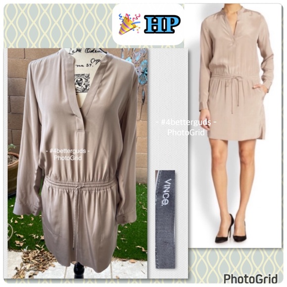Vince Dresses & Skirts - NEW Vince. 100% Silk Mink Nude Color Drawstring Waist Long Sleeve Shirt Dress 12